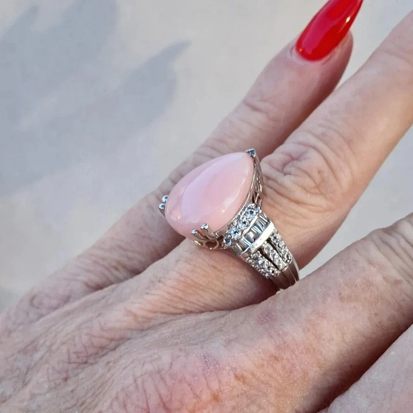 Peach Opal & Natural Diamond Ring In 925 Sterling Silver - Picture 4 of 6